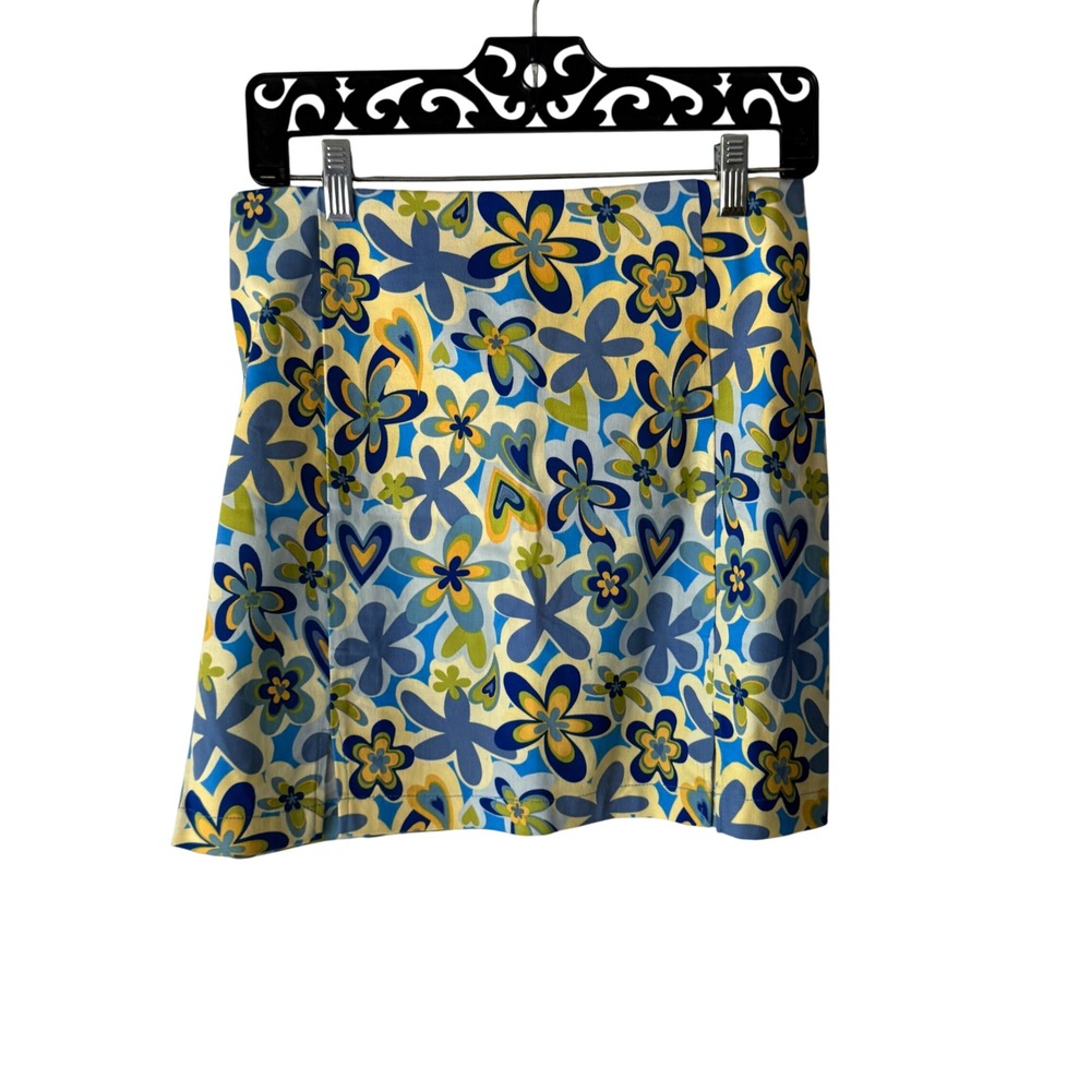 Love On A Hanger Floral Mini Skirt‎ Blue Yellow Retro Y2K 90s Flower Power Party